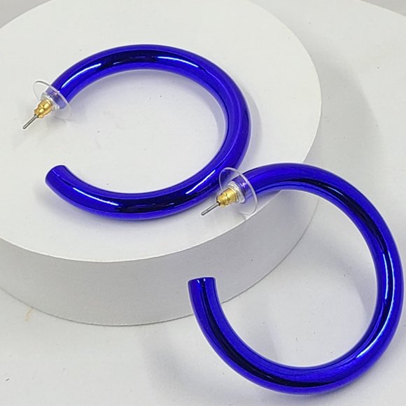 2" 80's Retro Royal Blue Metallic Coating Tube Metal Hoop Earrings - Picture 8 of 11